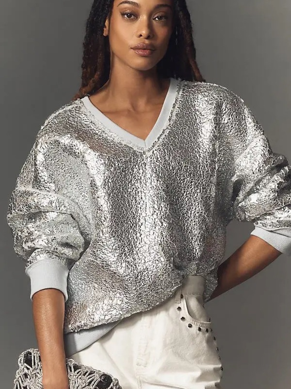 Pilcro  Anthropologie Light Silver V-Neck Sweater